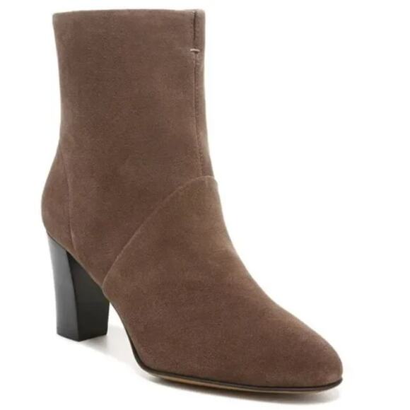 Franco Sarto Pia Nougat Suede Heeled Ankle Boots SZ 8.5 Almond Toe Taupe Tan - Picture 1 of 10